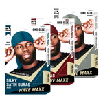 Three boxes of Wave Maxx durag with a model wearing a durag on a white background