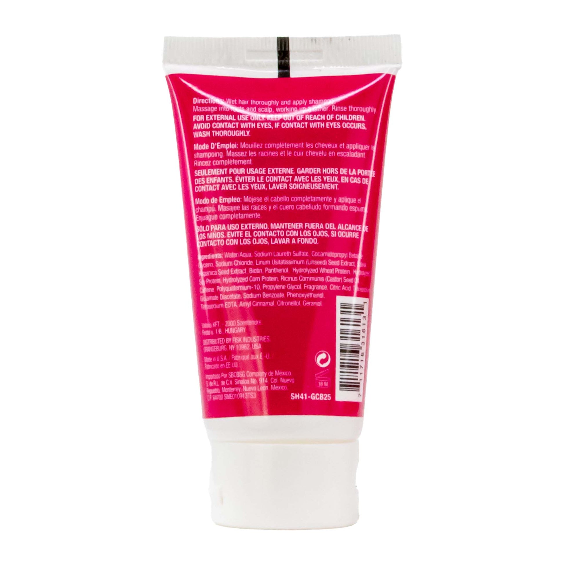 Back view of a pink and white tube with text and a barcode on a white background