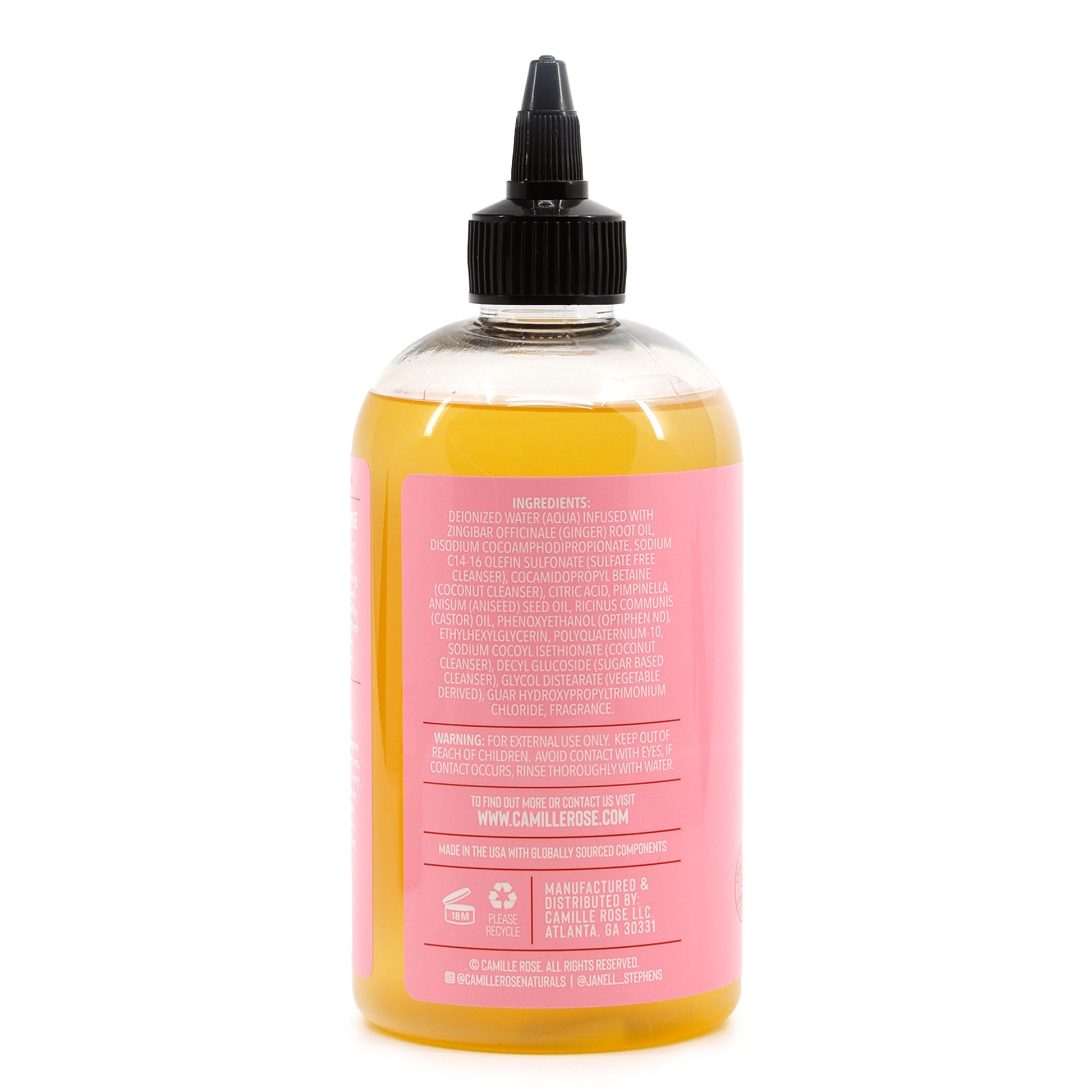 Bottle with pink label and black cap on a white background