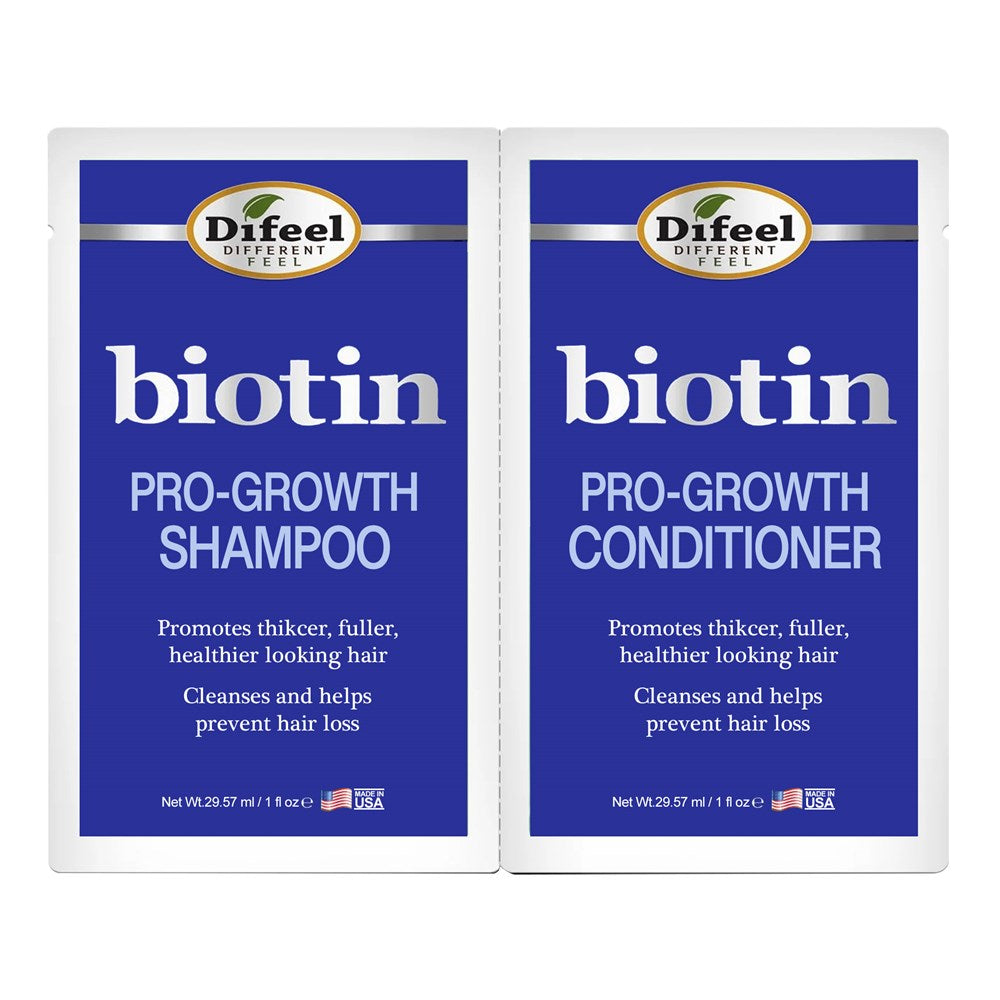 Two Difeel Biotin Pro-Growth Shampoo and Conditioner packets on a white background