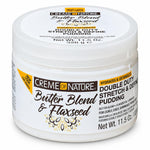 A white plastic jar of Creme of Nature Butter Blend & Flaxseed Double Duty Stretch & Defining Pudding, shown on a clean white background.