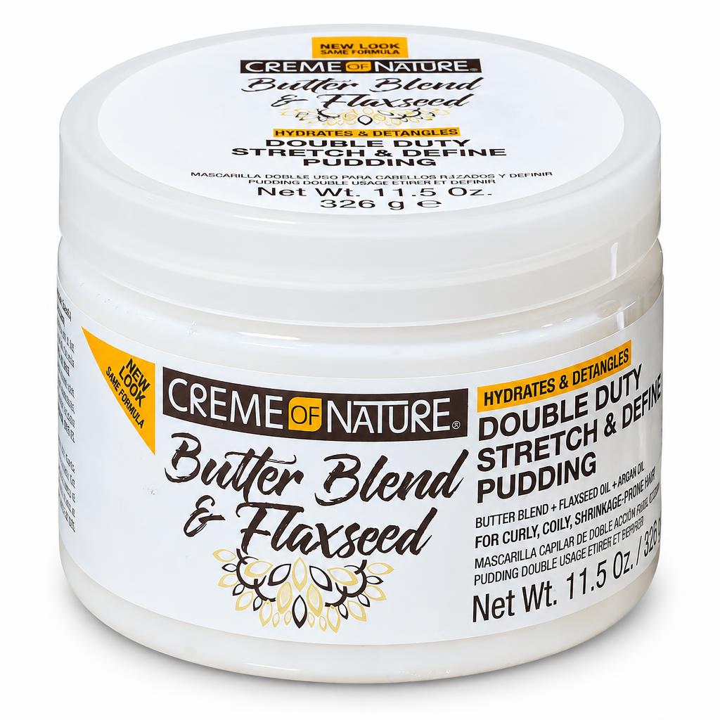 A white plastic jar of Creme of Nature Butter Blend & Flaxseed Double Duty Stretch & Defining Pudding, shown on a clean white background.