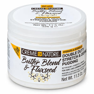 A white plastic jar of Creme of Nature Butter Blend & Flaxseed Double Duty Stretch & Defining Pudding, shown on a clean white background.