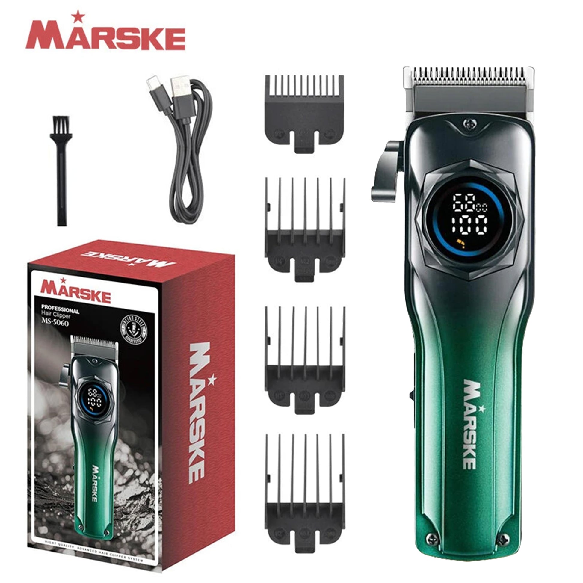 Marske hair trimmer set with packaging, attachments, and cable on a white background