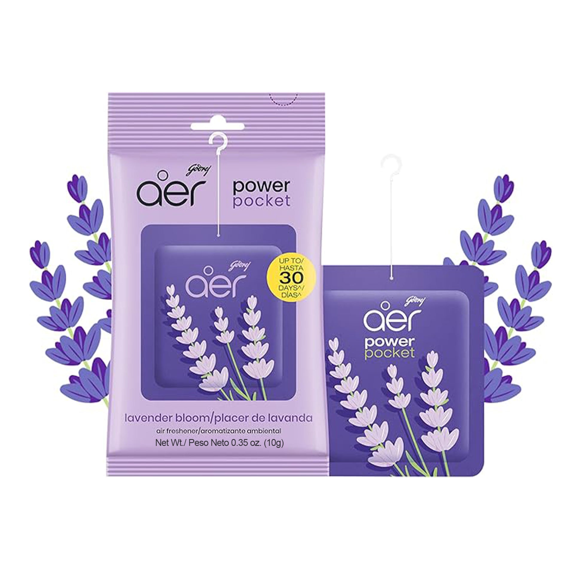 Godrej aer power pocket lavender bloom air freshener packaging on a white background