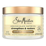 Shea Moisture Jamaican Black Castor Oil Leave-In Conditioner in a 11.5 oz white jar with a metallic gold lid and cream-colored label.