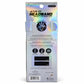 The back of the retail packaging for the Active-Fit Headband by Fitton & Co, featuring an iridescent silver foil sleeve with product details, icons, and a black band sample.