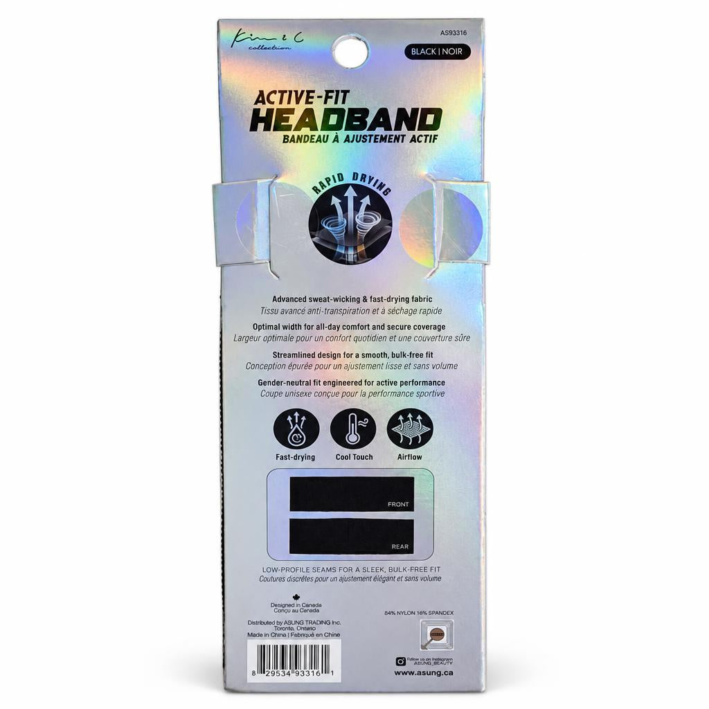 The back of the retail packaging for the Active-Fit Headband by Fitton & Co, featuring an iridescent silver foil sleeve with product details, icons, and a black band sample.