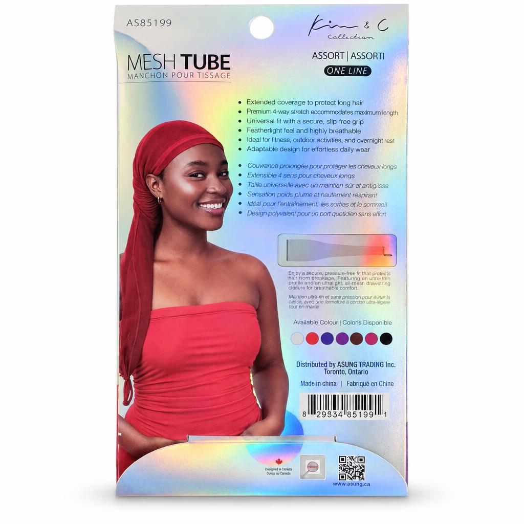 Front-facing retail packaging for a K-24 & C Mesh Tube hair extension color assortment, featuring a smiling model wearing a red tube on the left side and product details, swatches, and text on a holographic white background.