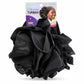 Black chiffon flower turban hair accessory with its retail packaging card, displayed on a clean white background.