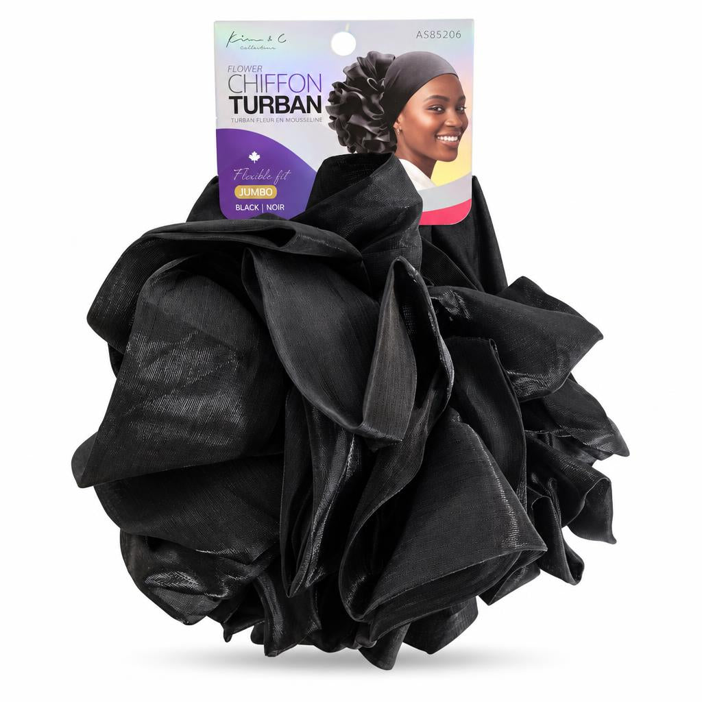 Black chiffon flower turban hair accessory with its retail packaging card, displayed on a clean white background.