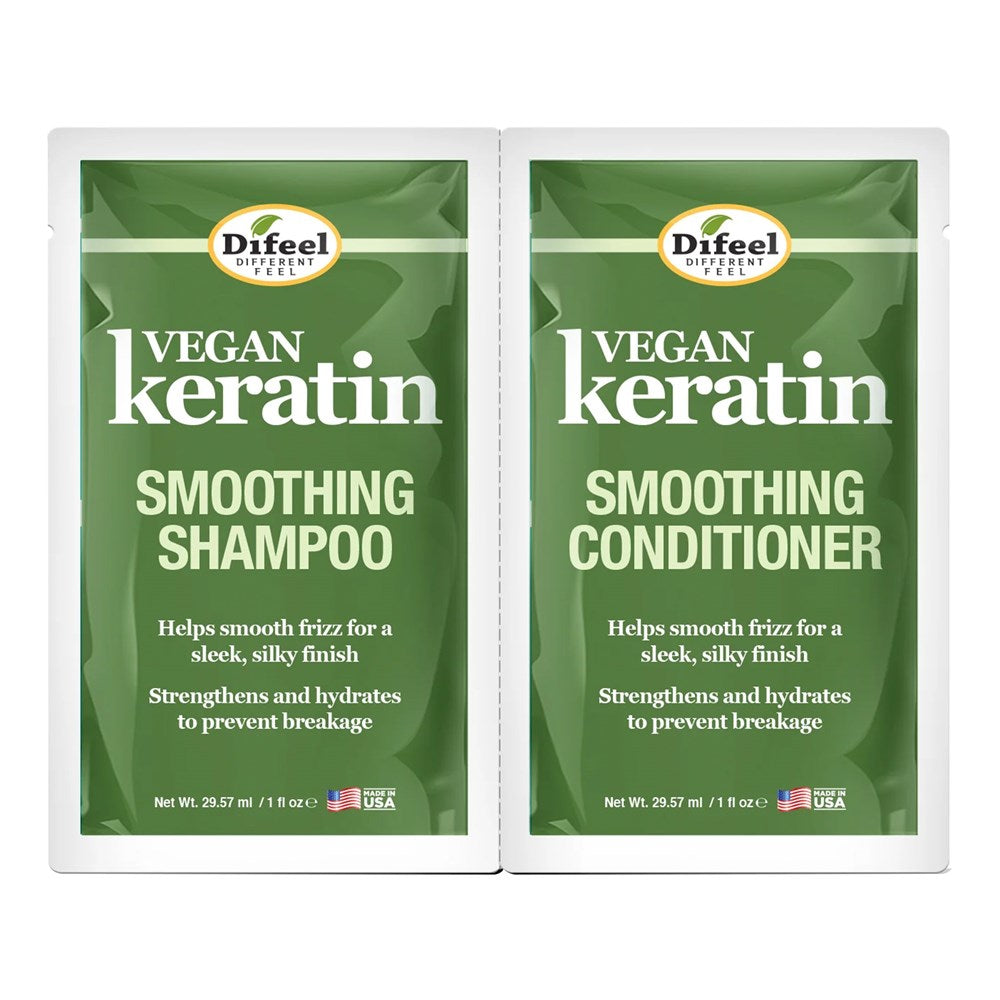 Two Difeel Vegan Keratin Smoothing Shampoo and Conditioner packets on a white background