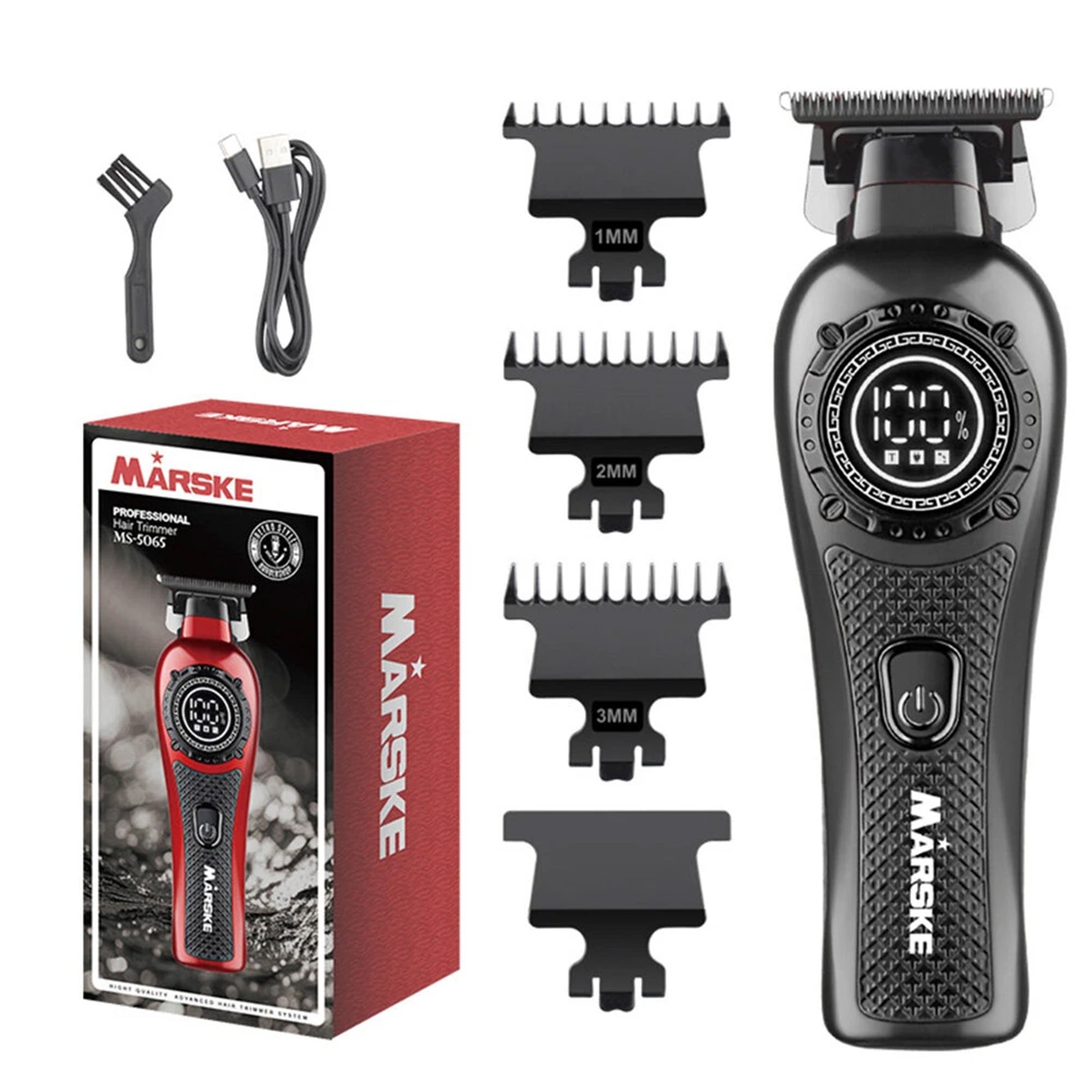 Marske hair trimmer set with packaging, attachments, and charging cable on a white background