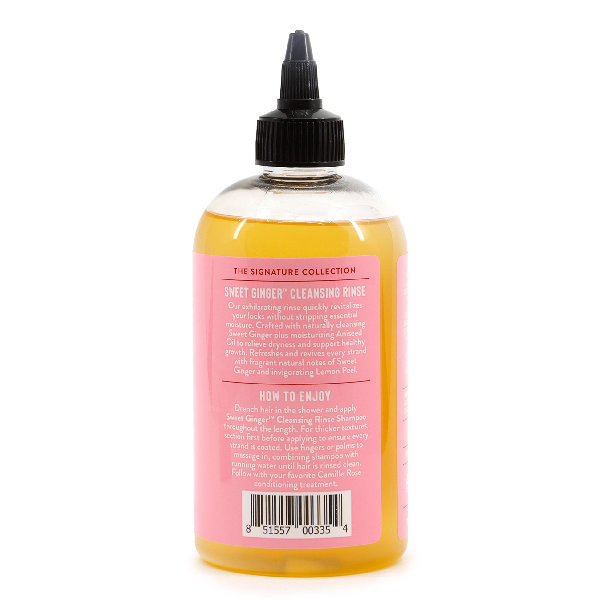 Bottle of Sweet Ginger Cleansing Rinse with pink label on a white background