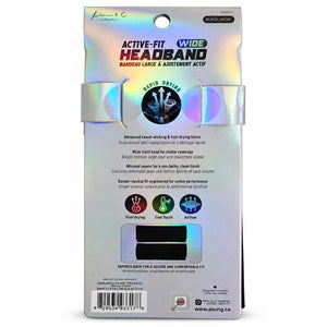 The back of the retail packaging for the Kime K Performance Active-Fit Wide Headband, showing product details, fit icons, and a window displaying the black headband inside.