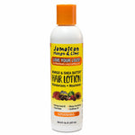 A bottle of Jamaican Mango & Lime Hair Lotion with an orange cap and a yellow label, shown on a plain white background.