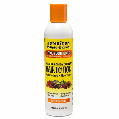 A bottle of Jamaican Mango & Lime Hair Lotion with an orange cap and a yellow label, shown on a plain white background.