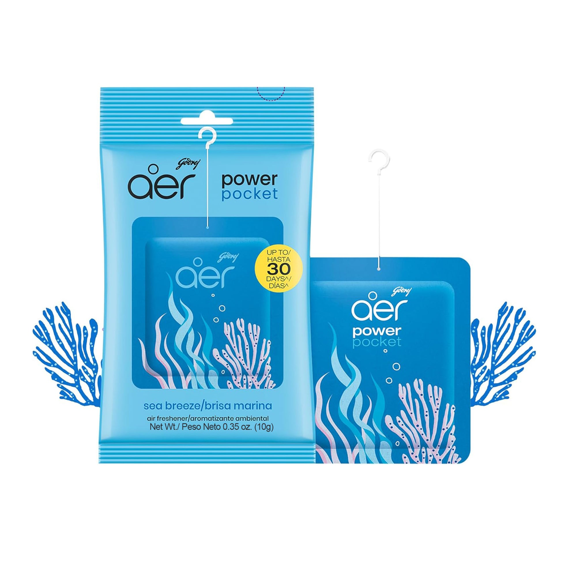 Two blue 'aer' power pocket air fresheners with coral design on a white background