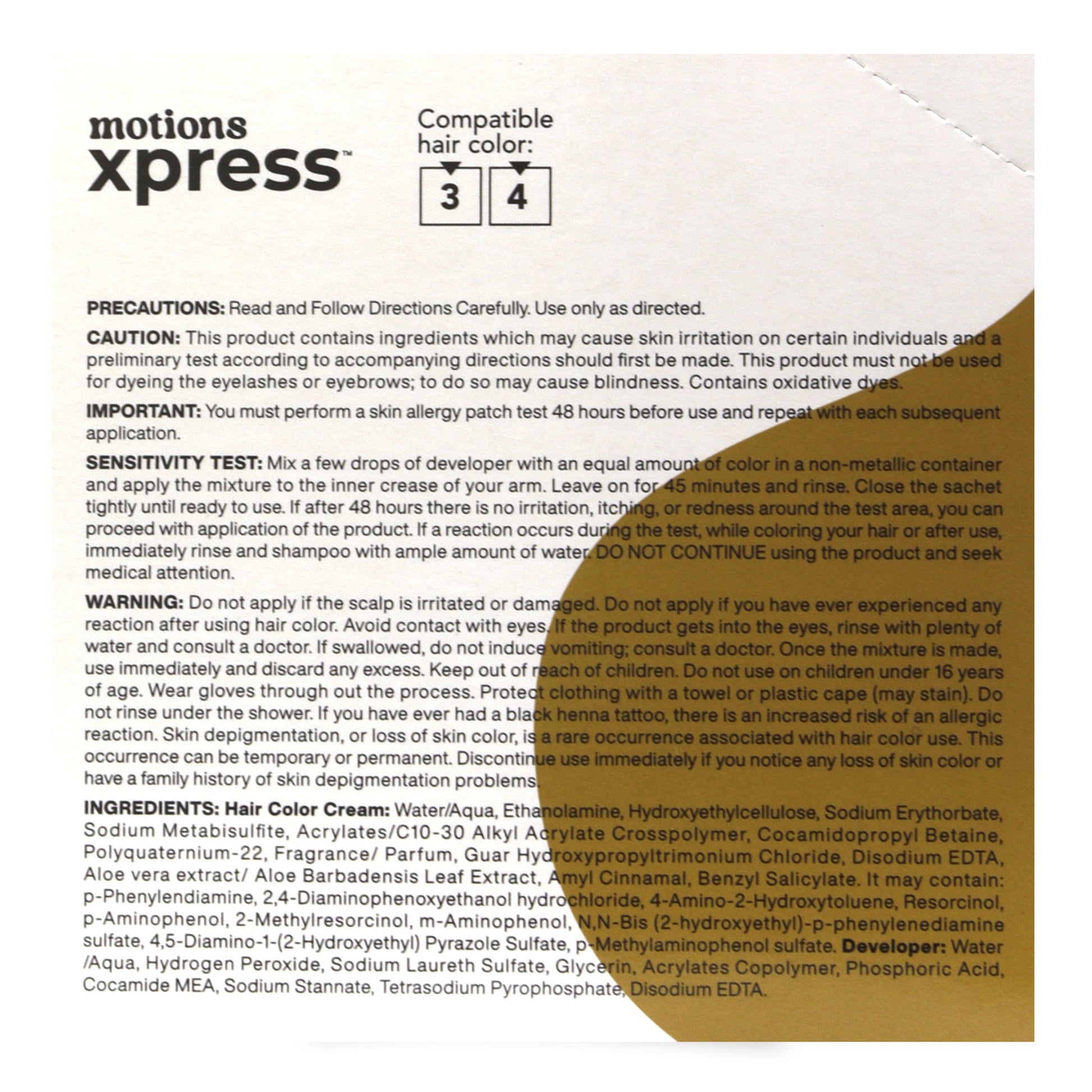 Motions Xpress hair color packaging with text and product details.