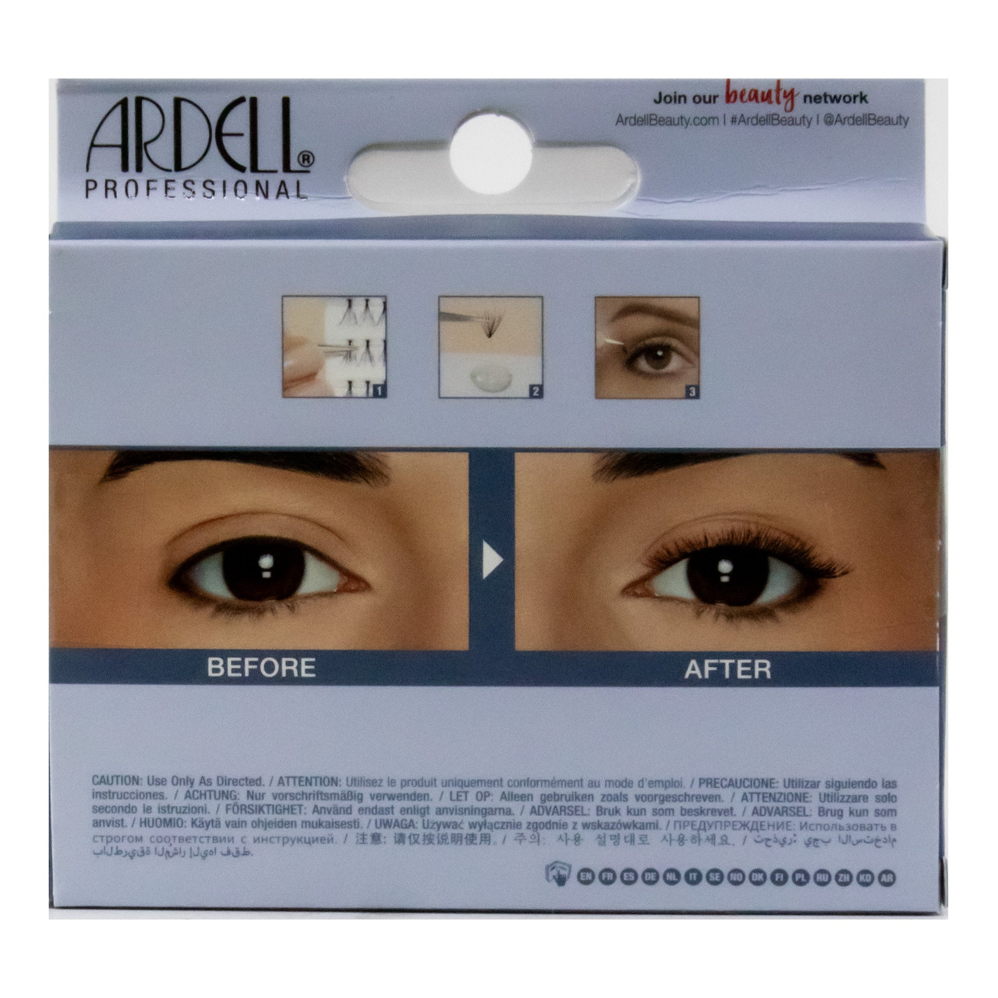 Ardell eyelash packaging with 'Before' and 'After' images on a white background