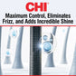 Advertisement for CHI hair product with text 'Maximum Control, Eliminates Frizz, and Adds Incredible Shine' and a close-up of hair texture.