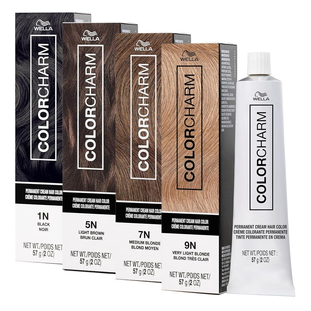 Wella Color Charm hair color products including boxes and a tube on a white background