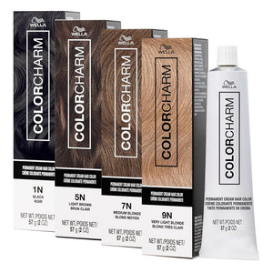 Wella Color Charm hair color products including boxes and a tube on a white background