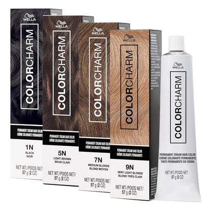 Wella Color Charm hair color products including boxes and a tube on a white background