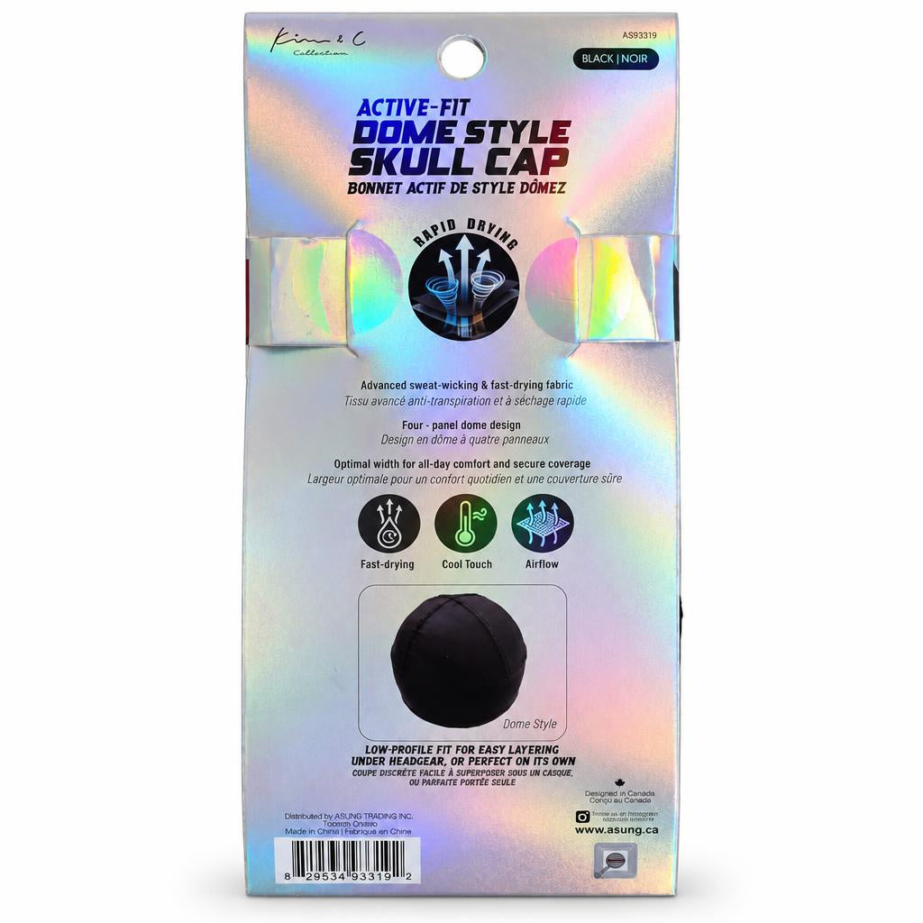The back of the retail packaging for a Kung Fu style dome skull cap, showing the product name, features, and a photo of the black dome cap itself. The packaging has an iridescent silver holographic background.