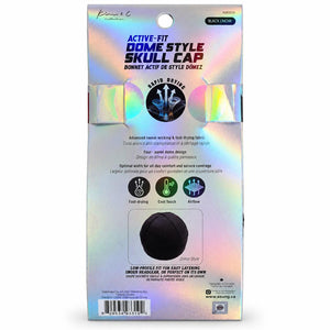 The back of the retail packaging for a Kung Fu style dome skull cap, showing the product name, features, and a photo of the black dome cap itself. The packaging has an iridescent silver holographic background.
