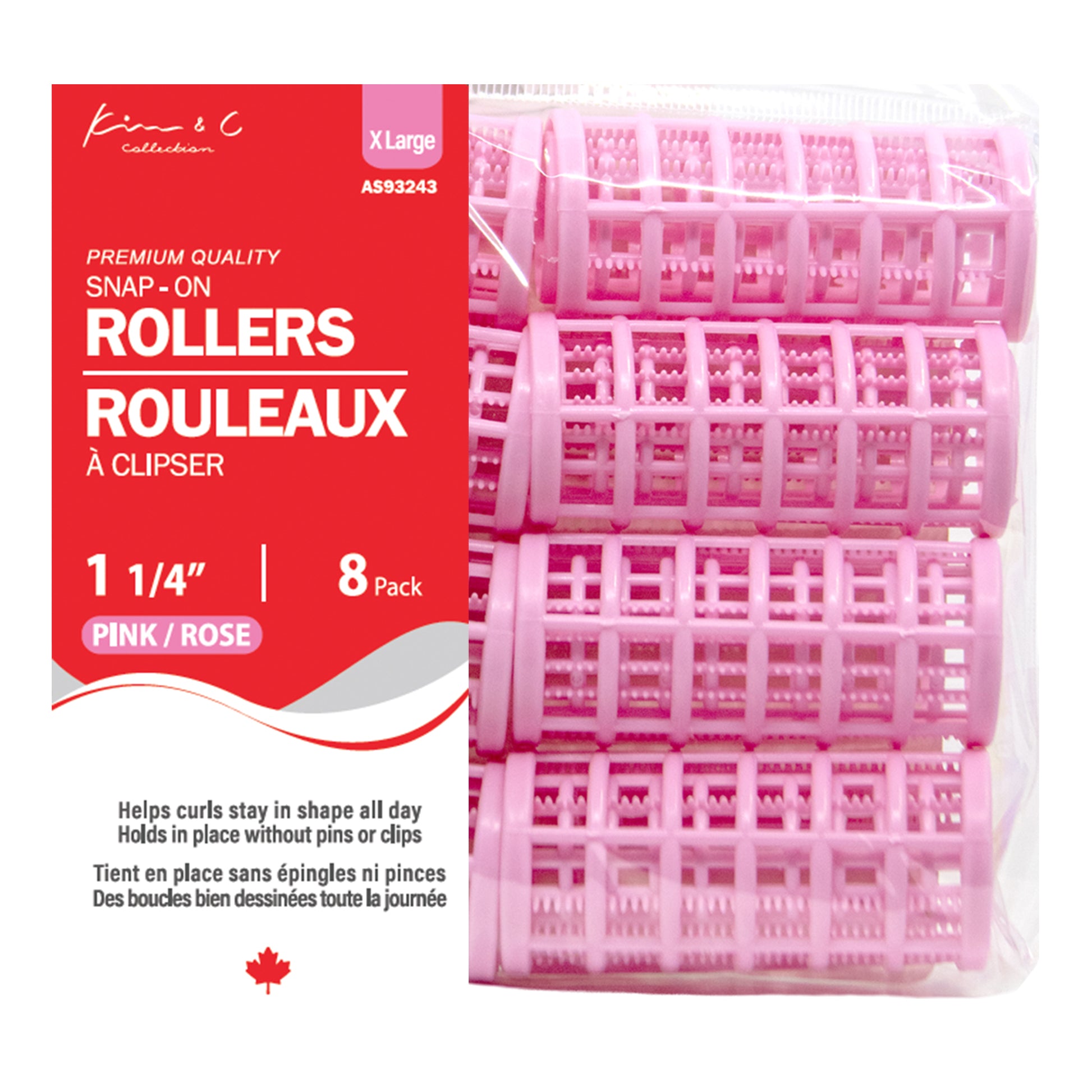 Pink hair rollers with packaging displaying brand name and product details.