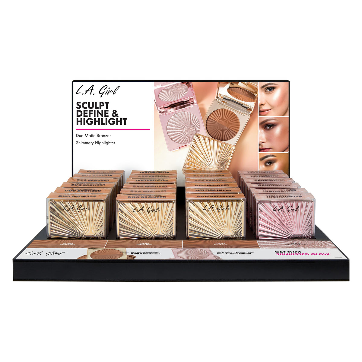L.A. GIRL Shimmery Highlighter & Duo Matte Bronzer Styrene Display (0.32oz, 3bronzers x 6pcs, 1highlighter x 6pcs) (GPD566)
