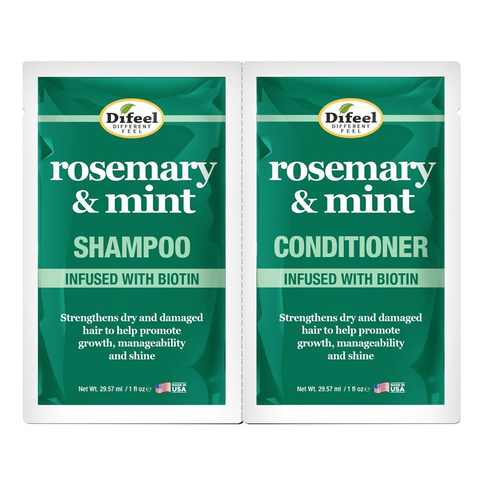 Two Difeel rosemary & mint shampoo and conditioner packages on a white background