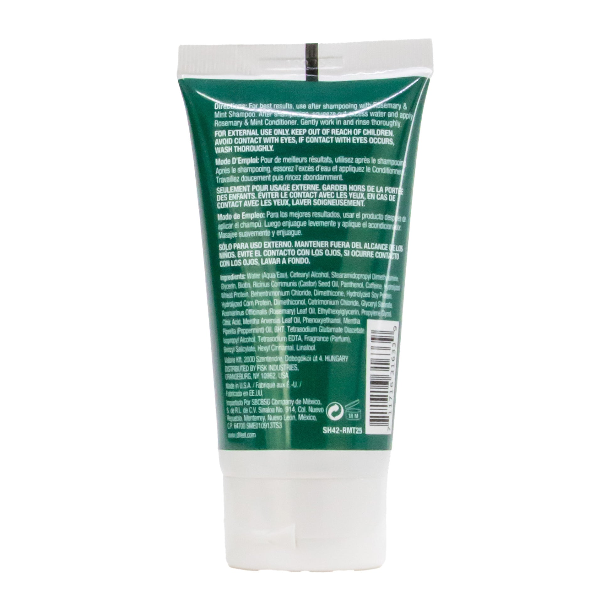 Back view of a green and white tube with text and a barcode on a white background