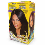 A box of Profectif Mega Growth No-Lye Relaxer hair dye on a white background. The packaging is bright yellow with a photo of a woman with long, dark, wavy hair on the front and side panels.