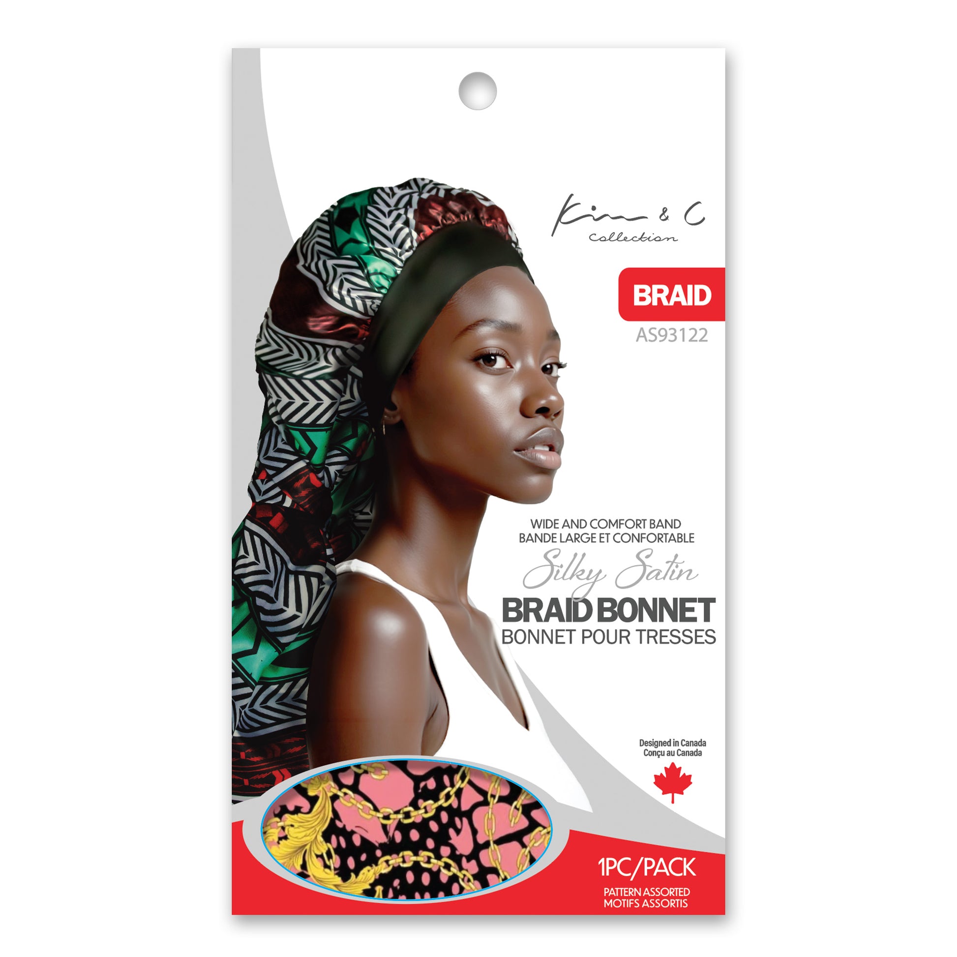 Silky satin braid bonnet packaging with a model wearing the bonnet on a white background.