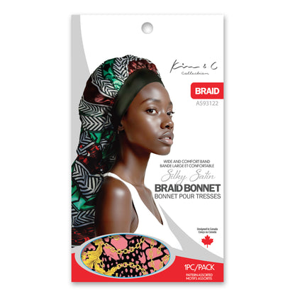 Silky satin braid bonnet packaging with a model wearing the bonnet on a white background.