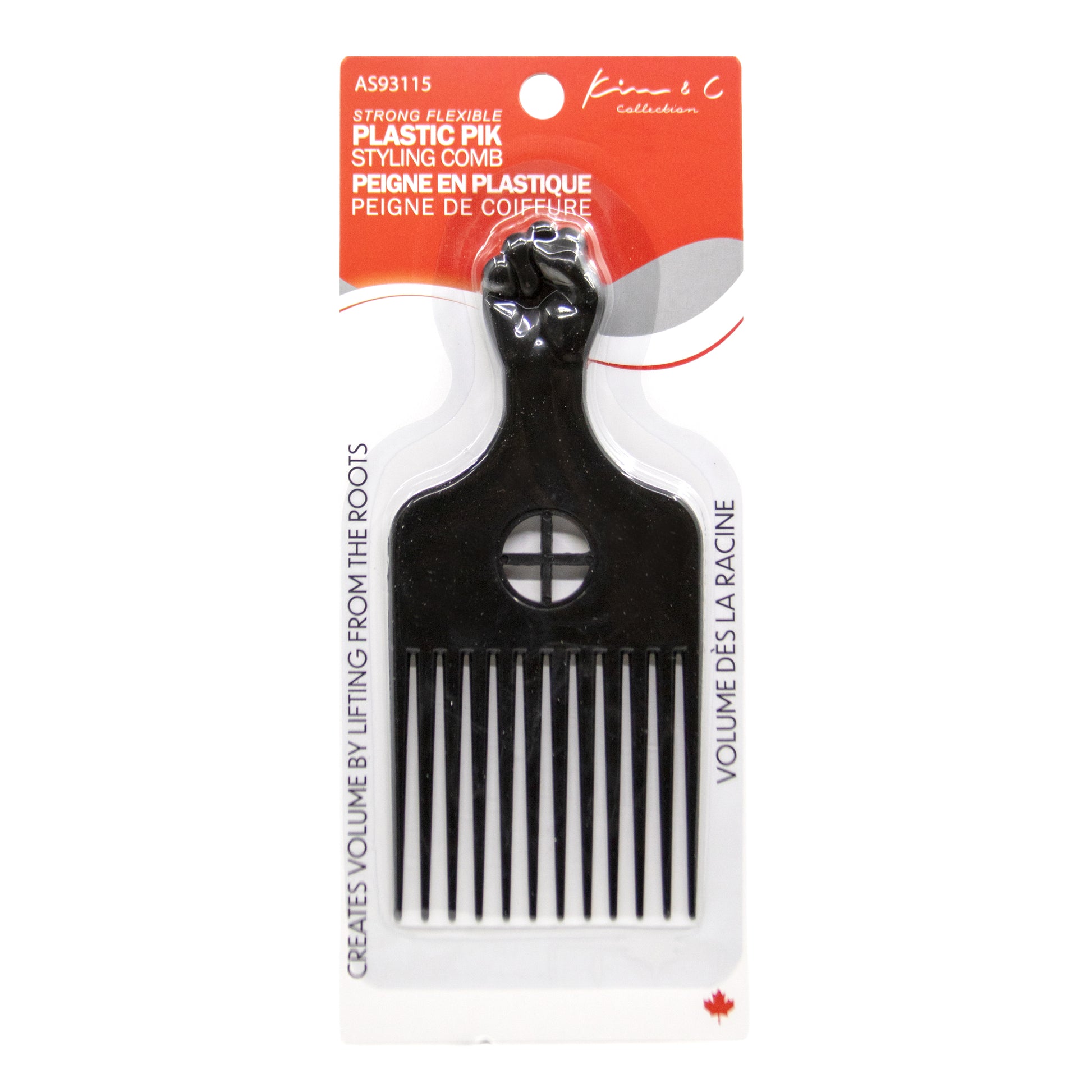 Black plastic pick styling comb with packaging on a white background