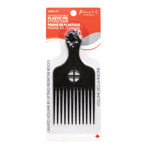 Black plastic pick styling comb with packaging on a white background