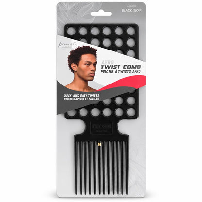 A packaged Afro twist comb on a white and gray retail card. The black plastic comb is visible through the clear blister, with printed text including 'AFRO TWIST COMB' and a small model photo on the card.