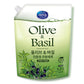 Olive and Basil dishwashing liquid packaging on a white background