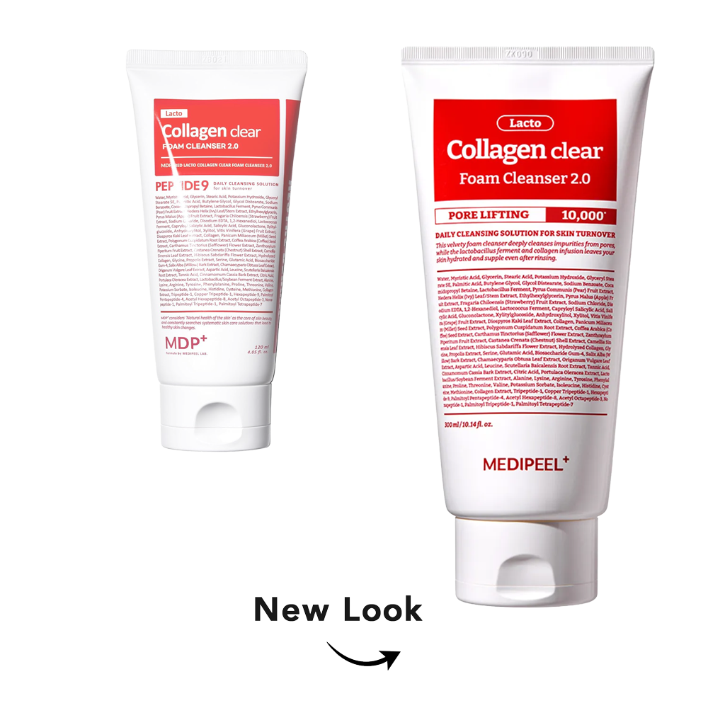 Two white tubes of MEDIPEEL Collagen clear Foam Cleanser 2.0 shown on a white background, with one tube upright and a smaller angled view behind it.
