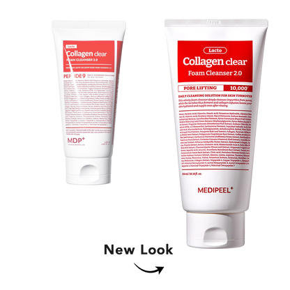 Two white tubes of MEDIPEEL Collagen clear Foam Cleanser 2.0 shown on a white background, with one tube upright and a smaller angled view behind it.