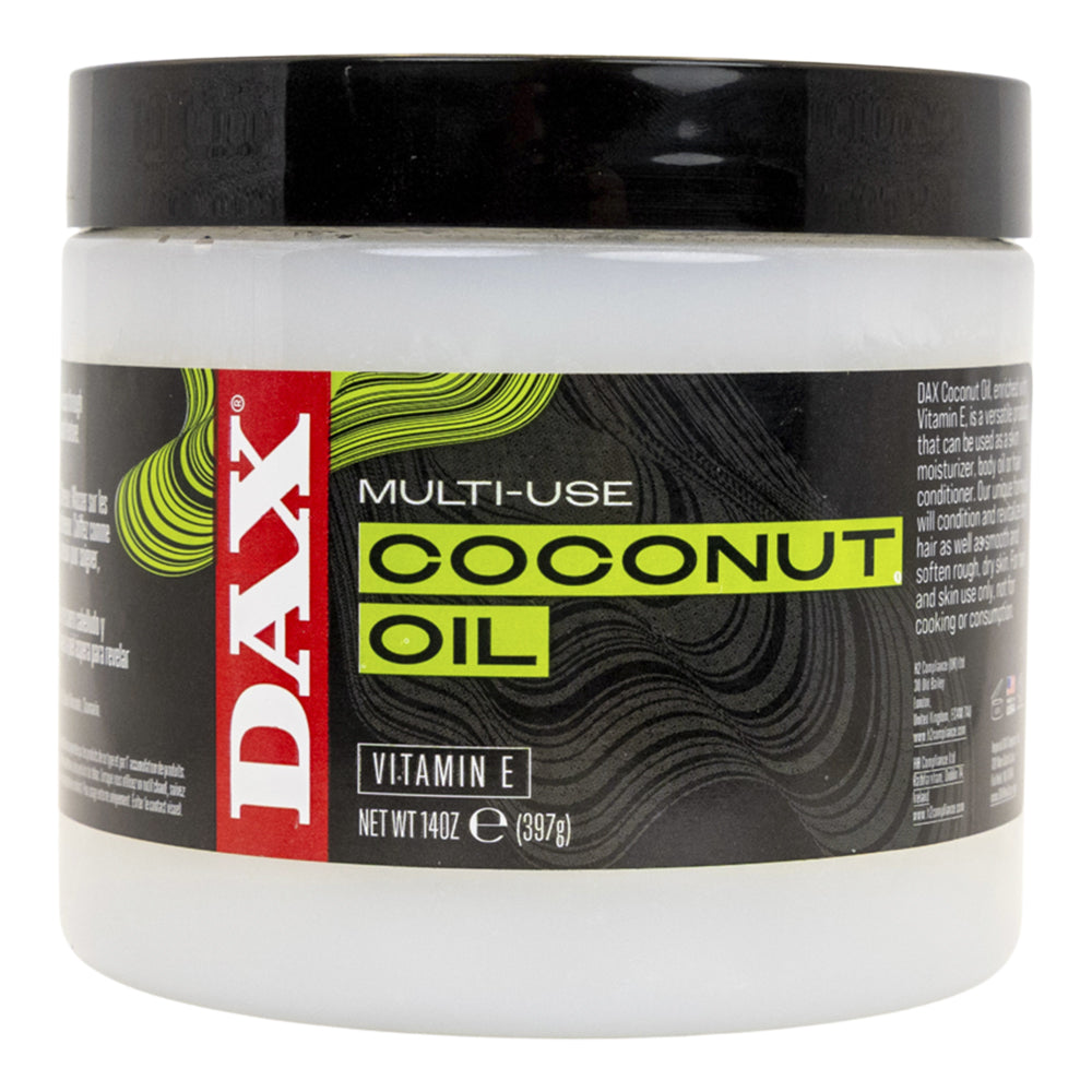 A white plastic jar of Dax Multi-Use Coconut Oil with a black lid and a black label featuring a red Dax logo and lime green accents.