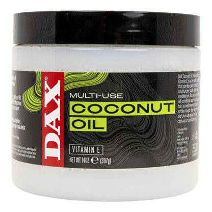 A white plastic jar of Dax Multi-Use Coconut Oil with a black lid and a black label featuring a red Dax logo and lime green accents.