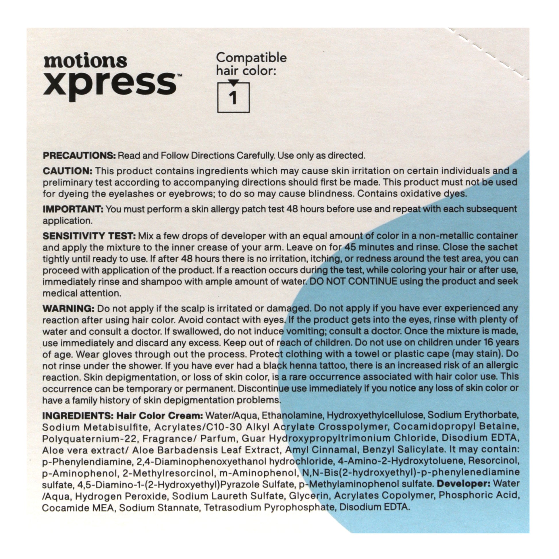 Box of motions xpress hair color with text and ingredients listed