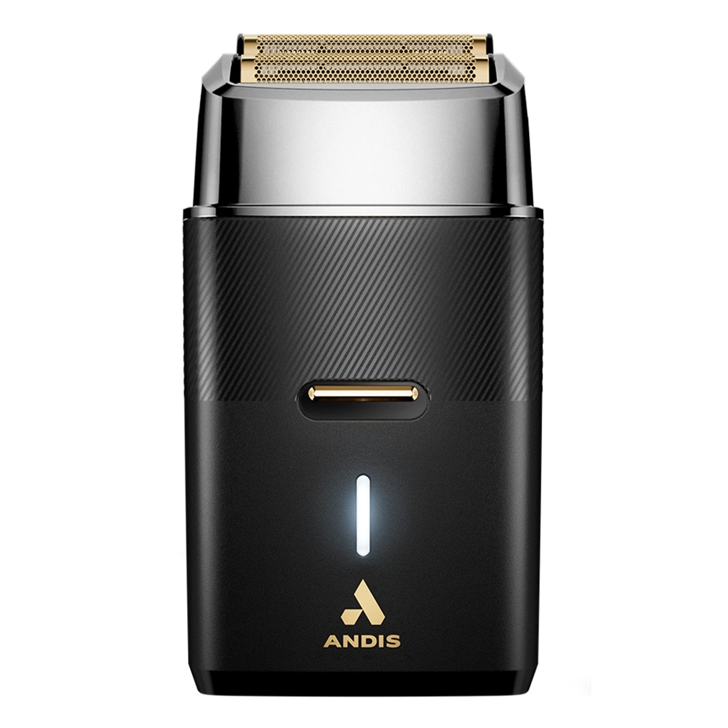 Black electric shaver with gold accents on a white background, featuring the Andis brand.