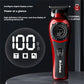 Red and black professional hair clipper with digital display on a dark background