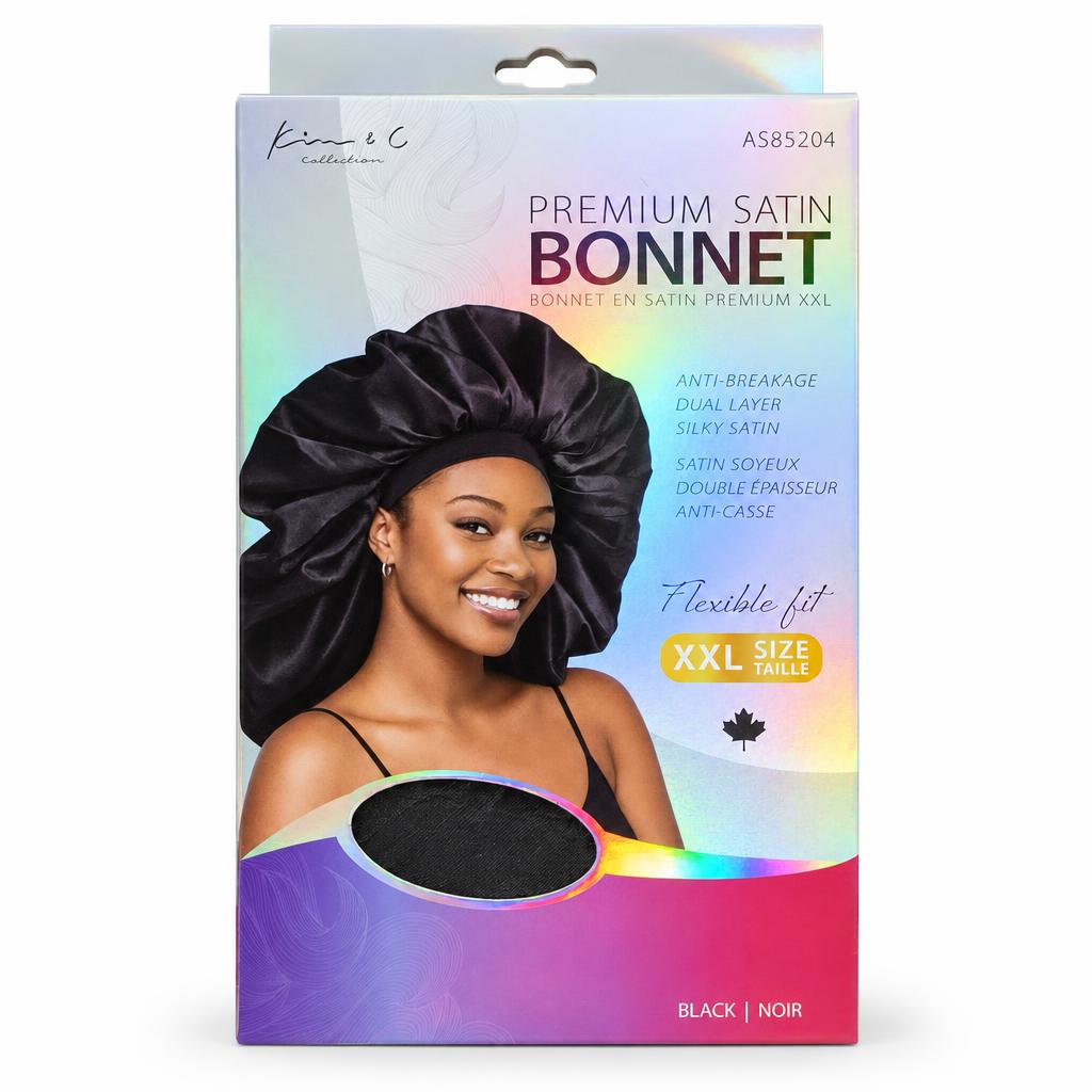 Kime & Co. Premium Satin Bonnet in black, size XXL, in its original retail packaging.