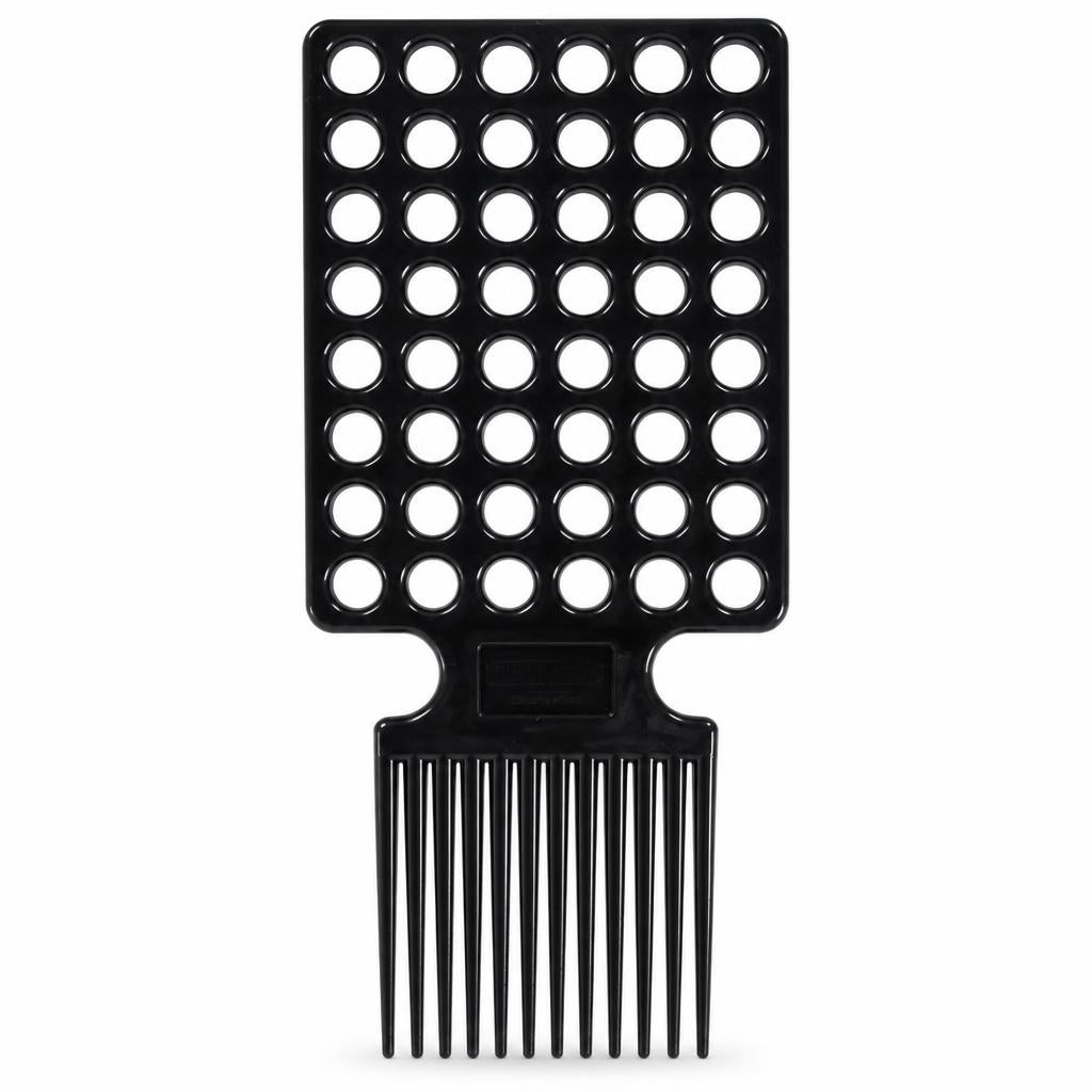 A black plastic hair extension weaver comb with a rectangular grid of circular cutouts on the upper section and multiple fine teeth at the bottom, shown against a plain white background.